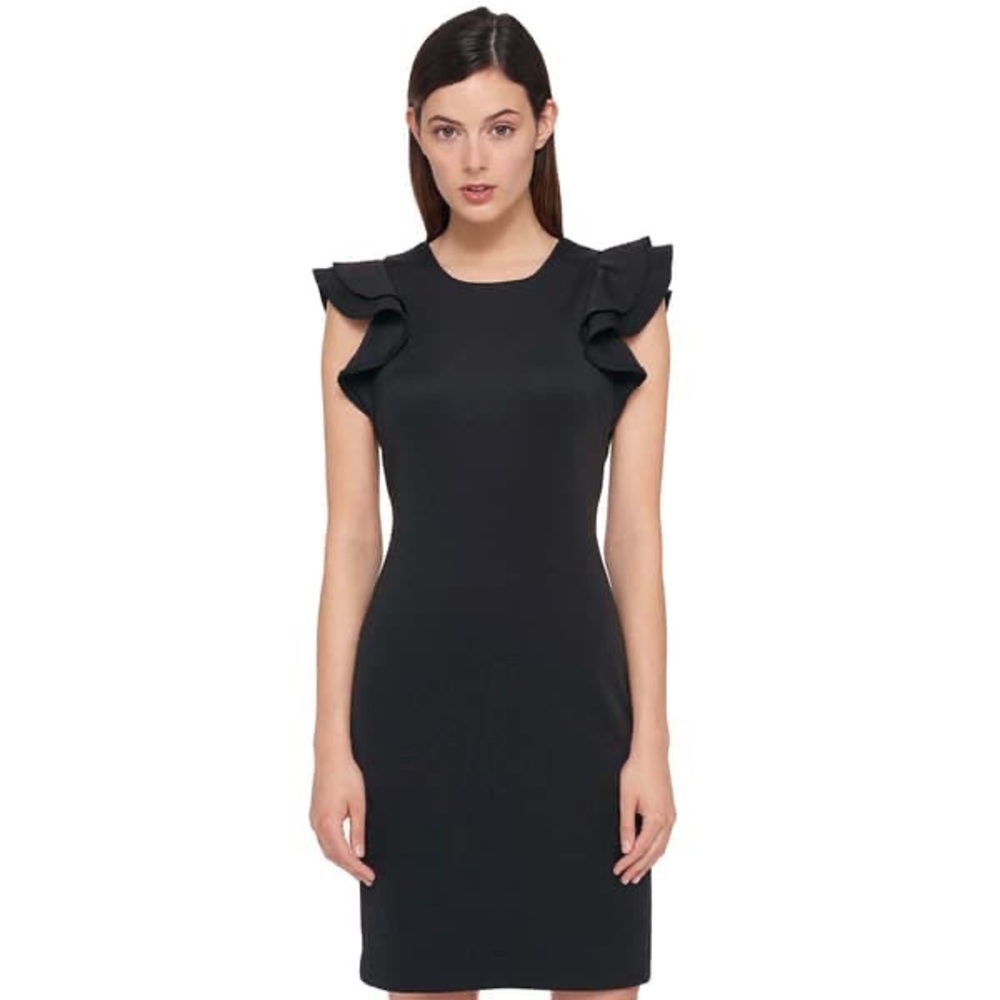 Womens Tommy Hilfiger Ruffle Sleeve Rounded Neck Crepe Black Sheath Dress LBD 14